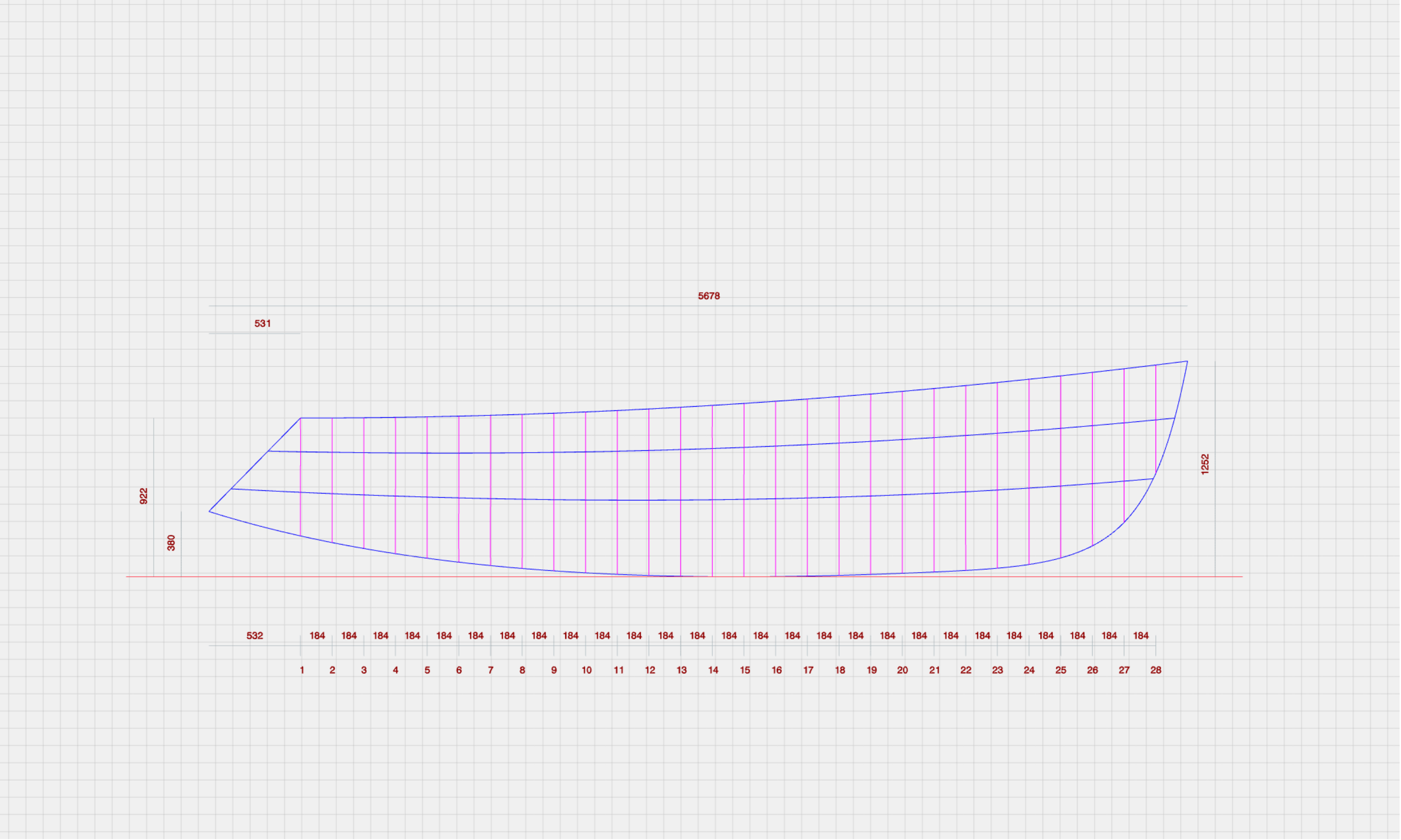 Yacht blueprint right side view. NURBS curves